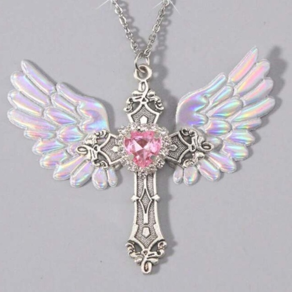 Jewelry - ✝️  CROSS WITH IRIDESCENT ANGEL WINGS NECKLACE WITH PINK HEART RHINESTONE.  ✝️